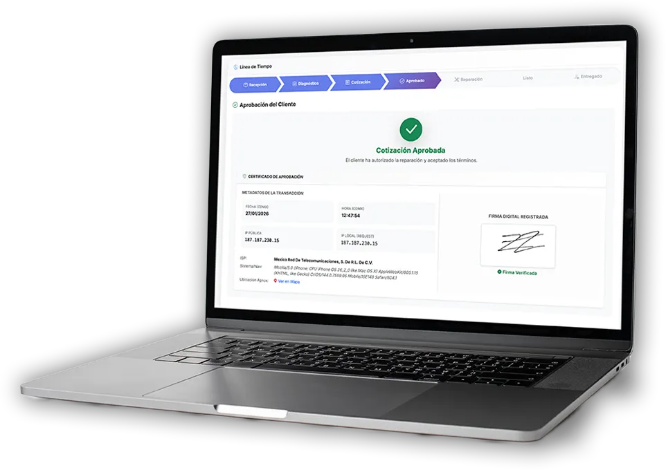 Laptop mostrando Cotización Aprobada